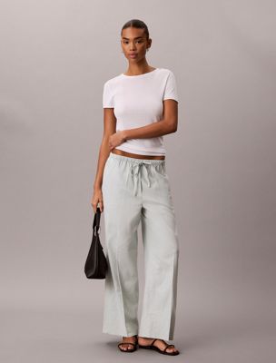 blue linen blend wide leg trousers for women calvin klein jeans