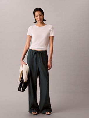 blue linen blend wide leg trousers for women calvin klein jeans