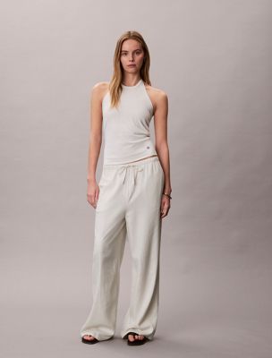 grey linen blend wide leg trousers for women calvin klein jeans