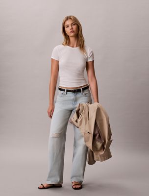 blue 90's straight distressed jeans für damen - 