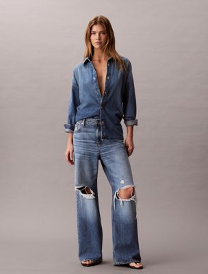 blue low rise distressed baggy jeans for women calvin klein jeans
