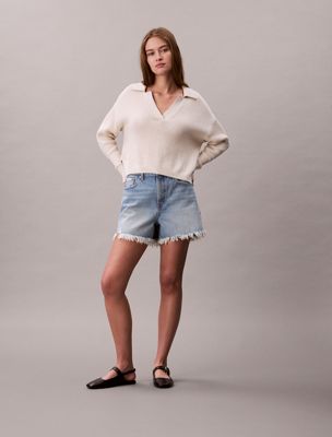 blue 90s relaxed frayed denim shorts for women calvin klein jeans