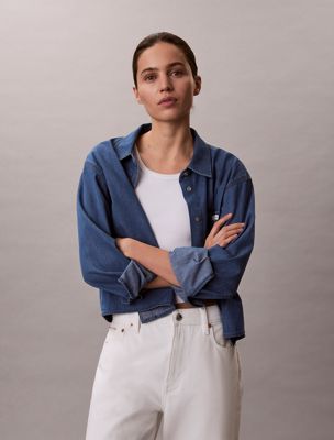 blue cropped denim dad shirt for women calvin klein jeans