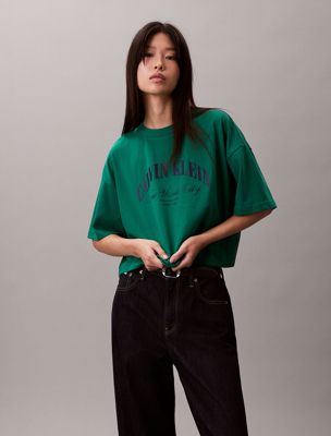 green cropped t-shirt met varsity-logo voor dames - calvin klein jeans
