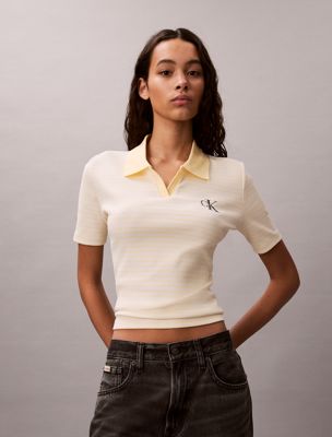 multi slim ribbed stripe polo shirt for women 