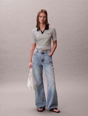 multi slim ribbed stripe polo shirt for women 