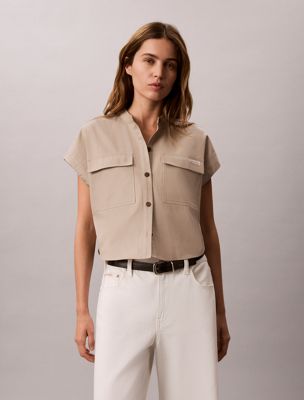 brown boxy cropped short sleeve shirt for women calvin klein jeans
