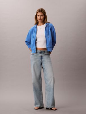 sudadera de felpa lavada con capucha y monograma blue de mujeres calvin klein jeans