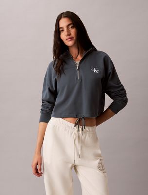 sudadera con capucha cropped de felpa con logo blue de mujeres calvin klein jeans