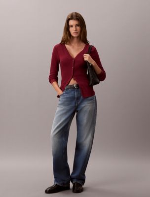 purple slim ribbed cotton cardigan for women calvin klein jeans