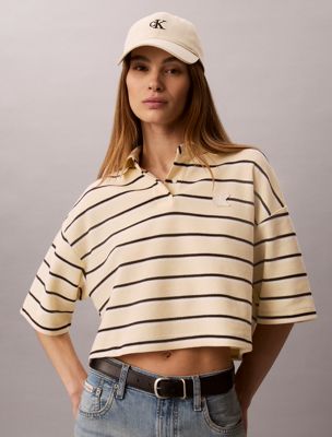 white skrócona koszulka polo o prostym kroju w paski dla kobiety - calvin klein jeans