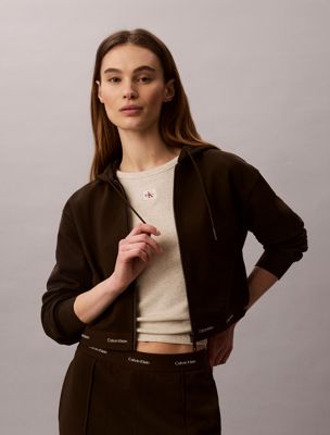 sweat à capuche zippé court et élastique avec logo brown pour femmes calvin klein jeans