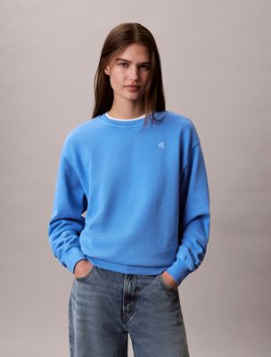 blue lässiges monogramm-sweatshirt aus baumwoll-frottee für damen - calvin klein jeans