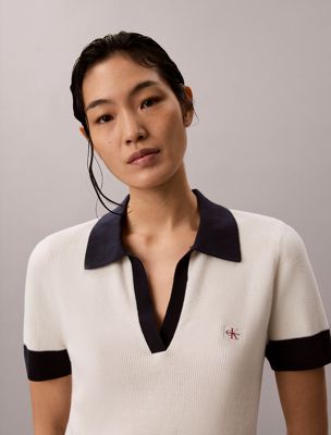 white two-tone cotton knit polo shirt for women 