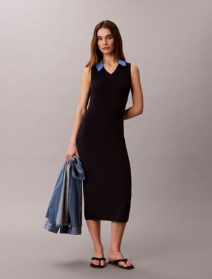 blue cotton knit sleeveless polo dress for women calvin klein jeans