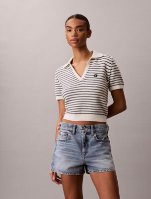 white striped stitch polo shirt for women 