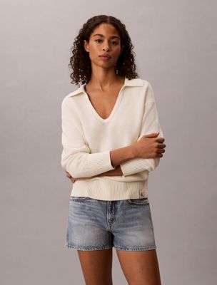 white textured relaxed polo jumper for women calvin klein jeans