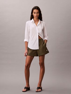 brown relaxed cotton poplin shorts for women 