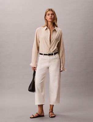 pantaloni con gamba a botte in twill di cotone cropped white da donne 