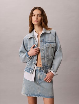 blue boxy logo tape denim jacket for women calvin klein jeans