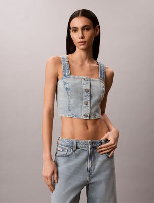 blue denim-tanktop mit logo tape für damen - calvin klein jeans