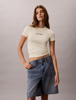 white besticktes geripptes logo-t-shirt für damen - calvin klein jeans