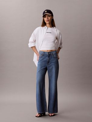 white besticktes geripptes logo-t-shirt für damen - calvin klein jeans