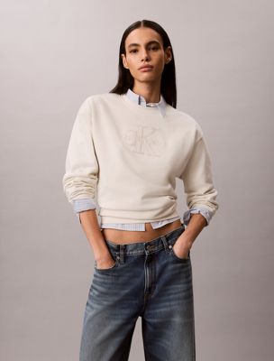 white monogramm-sweatshirt aus baumwoll-frottee für damen - calvin klein jeans