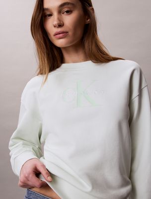 khaki french-terry-sweatshirt mit rundhalsausschnitt und monologo für damen - calvin klein jeans