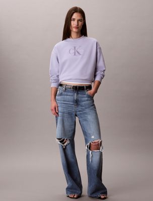 purple french-terry-sweatshirt mit rundhalsausschnitt und monologo für damen - calvin klein jeans