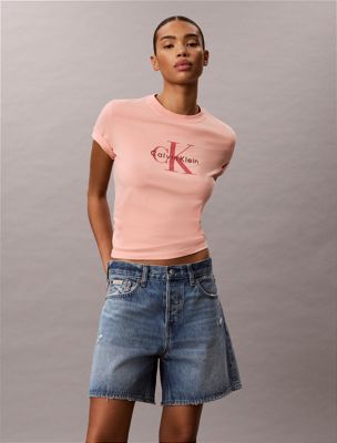 red washed cotton monogram t-shirt for women calvin klein jeans