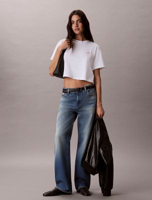 white kastiges, besticktes logo-t-shirt für damen - calvin klein jeans