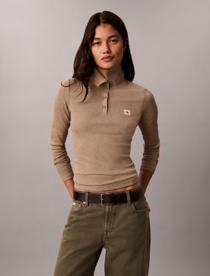 brown henley-shirt aus gerippter baumwolle mit rollkragen für damen - calvin klein jeans