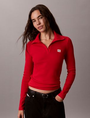 haut henley à col roulé en coton côtelé pink pour femmes calvin klein jeans