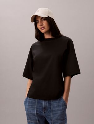 t-shirt in cotone con vita arricciata black da donne calvin klein jeans