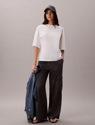 t-shirt in cotone con vita arricciata white da donne calvin klein jeans