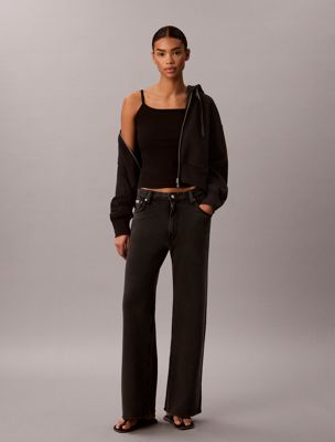 black cotton terry wide leg trousers for women 