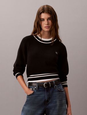 black cotton knit stripe-trim jumper for women calvin klein jeans