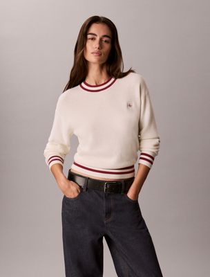 white cotton knit stripe-trim jumper for women calvin klein jeans