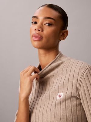 pull à col roulé avec monologo tissé oatmeal melange pour femmes calvin klein jeans
