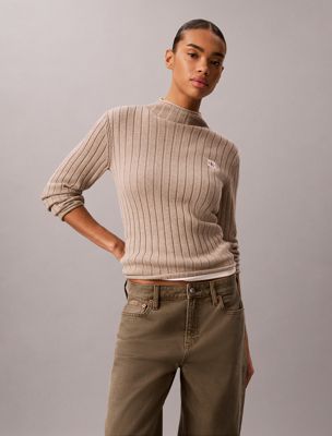 beige woven monologo turtleneck jumper for women 