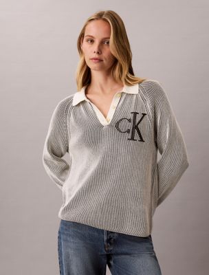 grey two-tone knit polo jumper for women calvin klein jeans