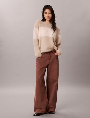 beige wool blend stripe logo jumper for women 