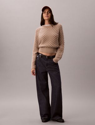 brown merino wool blend cable knit jumper for women calvin klein jeans
