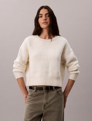 beige cotton wool textured logo jumper for women 