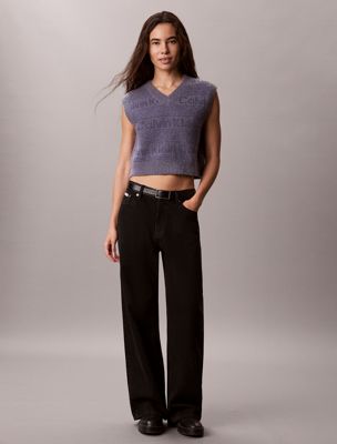 grey wool blend textured logo sweater vest for women 
