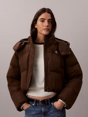 brown 2-in-1 convertible down puffer jacket for women calvin klein jeans