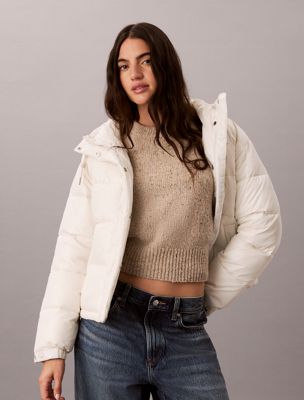 white shiny hooded puffer jacket for women calvin klein jeans
