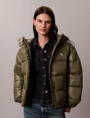 green shiny hooded puffer jacket for women calvin klein jeans