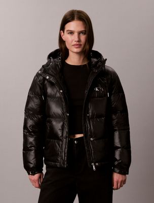 black shiny hooded puffer jacket for women calvin klein jeans